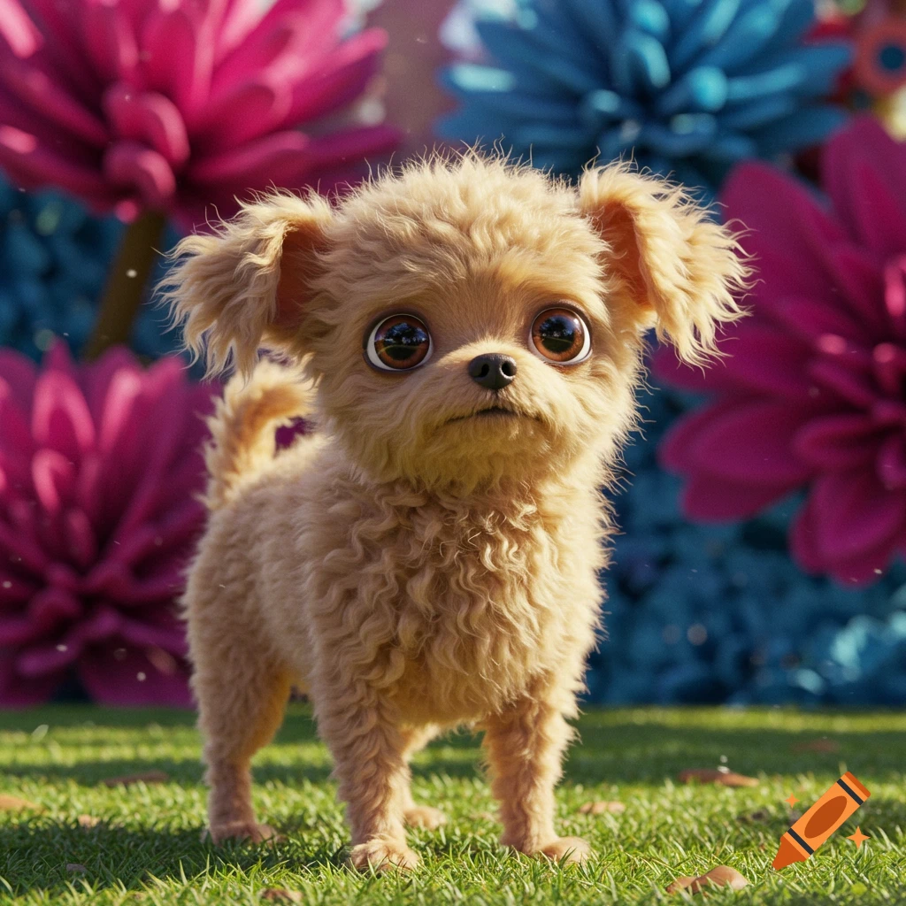 A fluffy light brown dog with big eyes stands on green grass amidst large pink and blue flowers.