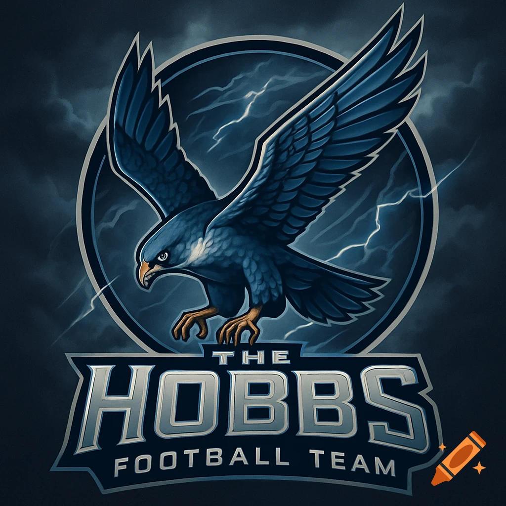 A sports logo featuring a blue eagle with spread wings against a stormy background with lightning, above the text 'THE HOBBS FOOTBALL TEAM'.