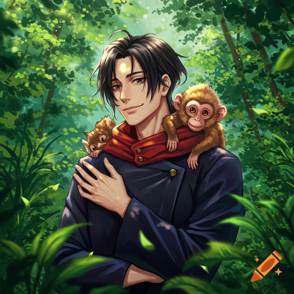 Anime man with dark hair, red scarf, and two small monkeys on his shoulders, smiling in a lush green forest.