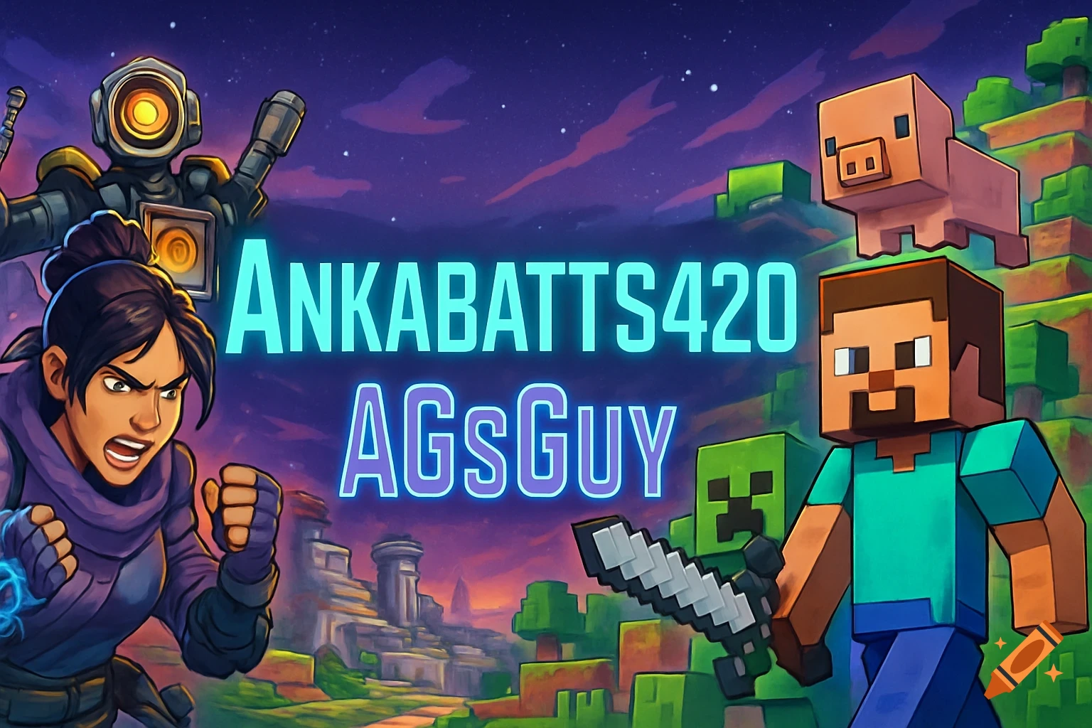 Cartoon banner with Apex Legends and Minecraft characters. Wraith, Pathfinder, Steve, a pig, and a Creeper with text "ANKABATTS420" and "AGsGUY".