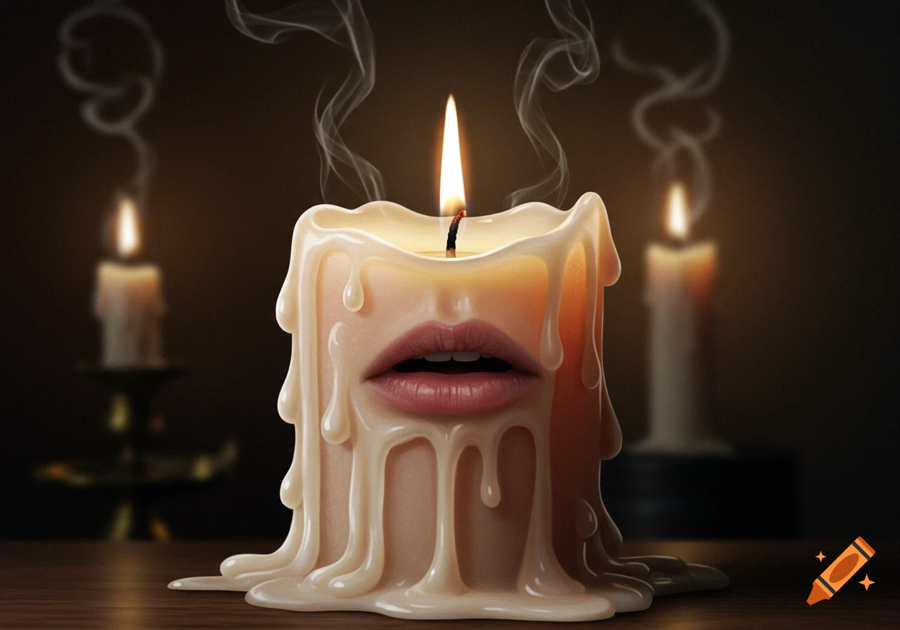 A burning candle with pink human lips forming an open mouth in its center, dripping wax, against a dark background with blurred candles.