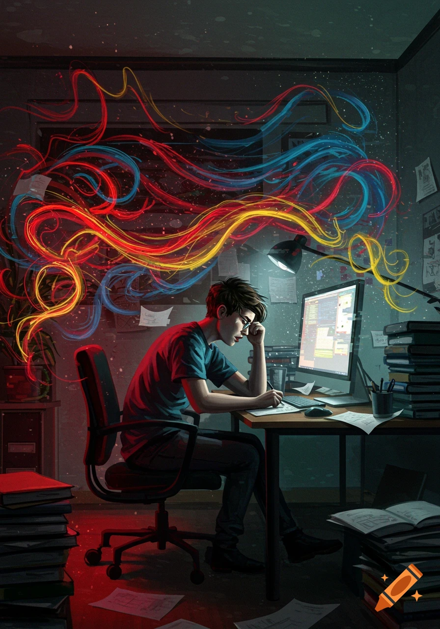 A young man sits stressed at a cluttered desk, writing and looking at a computer screen, with colorful glowing light trails emanating from his head.