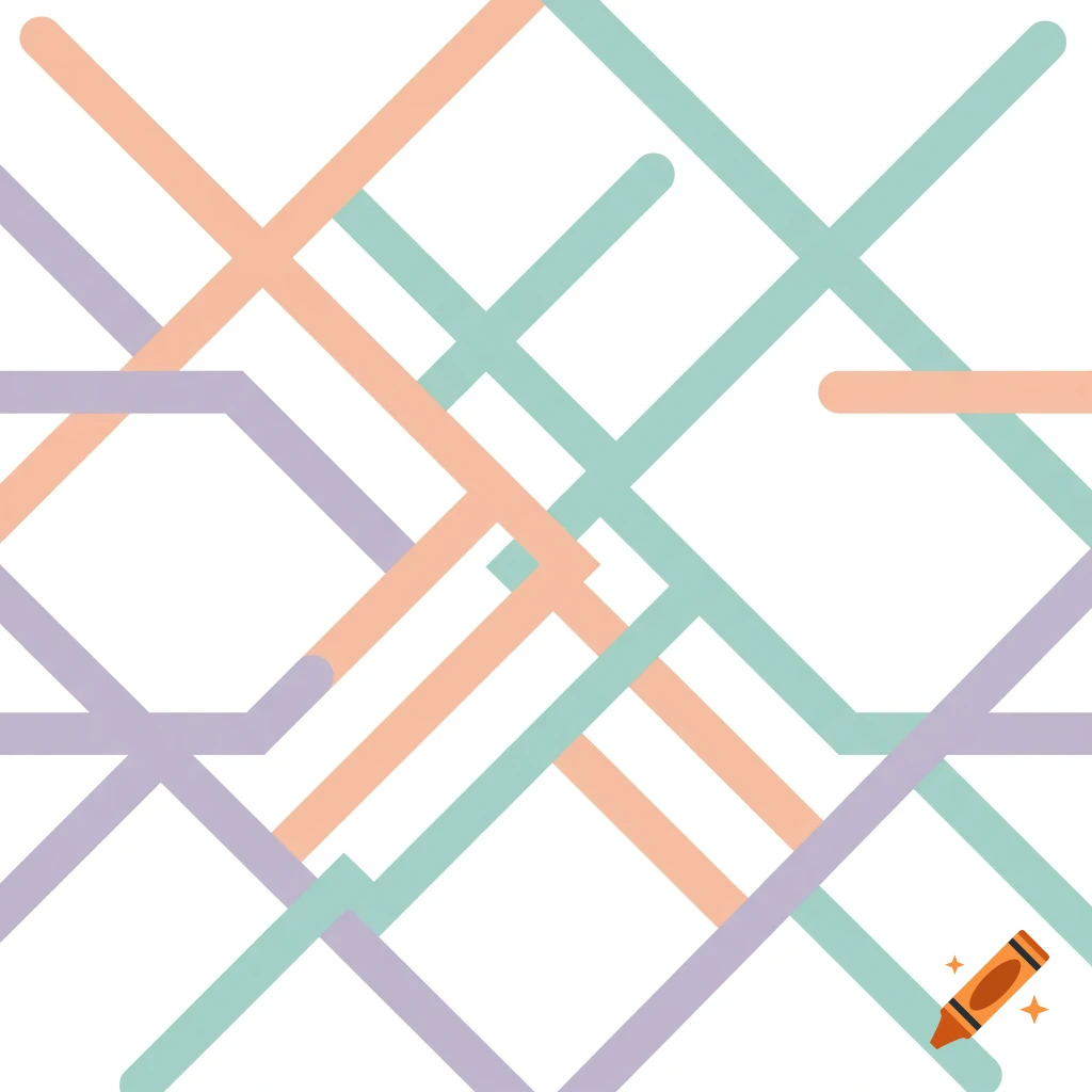 A modern crisscross pattern of thick pastel purple, orange, and teal lines on a white background.