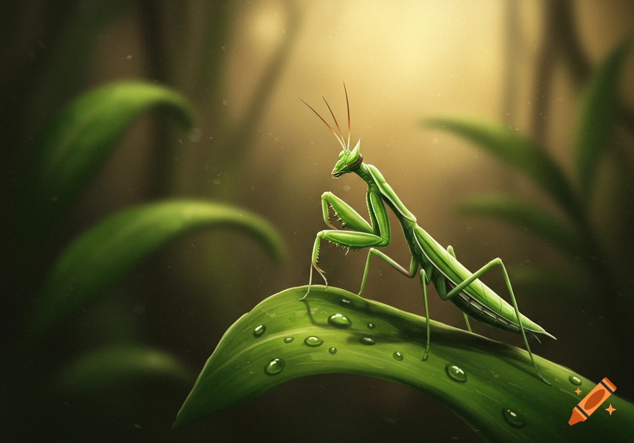 A vibrant green praying mantis sits on a dew-covered green leaf, with a soft, warm-toned natural background.