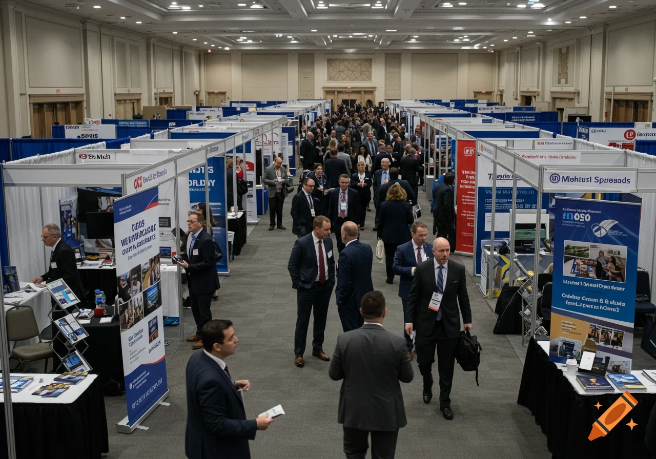 A wide shot of a bustling business expo floor with many people in suits walking between numerous booths and displays. Photorealistic.