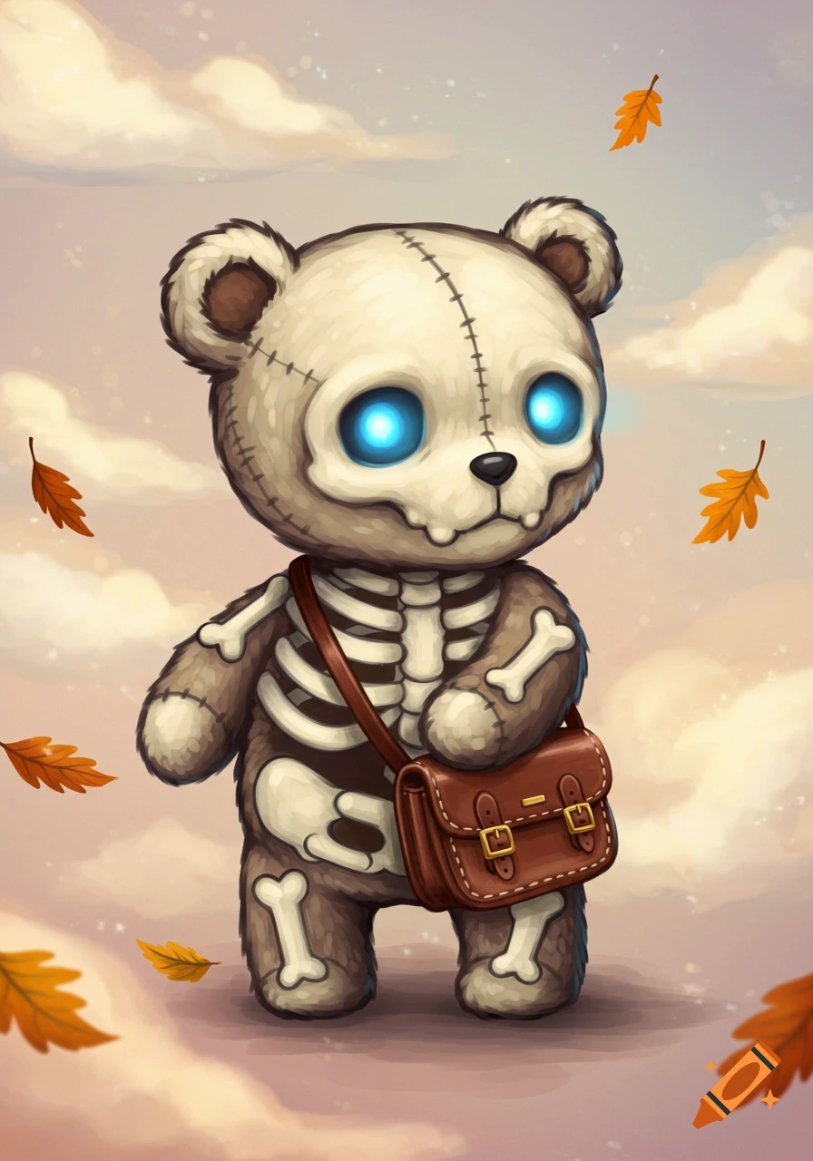 A cute illustration of a skeleton teddy bear with glowing blue eyes and a satchel, surrounded by autumn leaves.