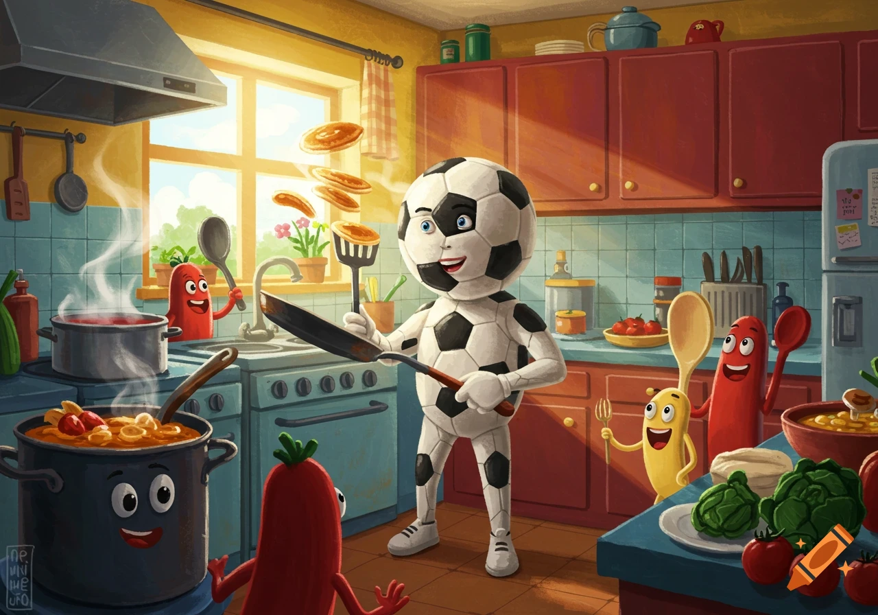 A cheerful humanoid soccer ball flips pancakes in a vibrant kitchen, surrounded by happy cartoon food characters.