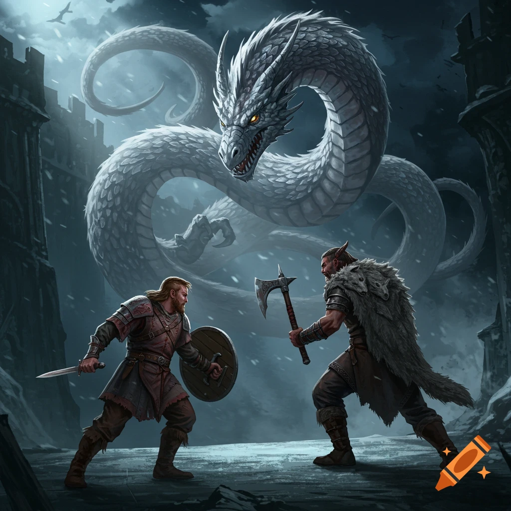 Fantasy art of two warriors fighting under a giant white dragon in a snowy ruined castle.