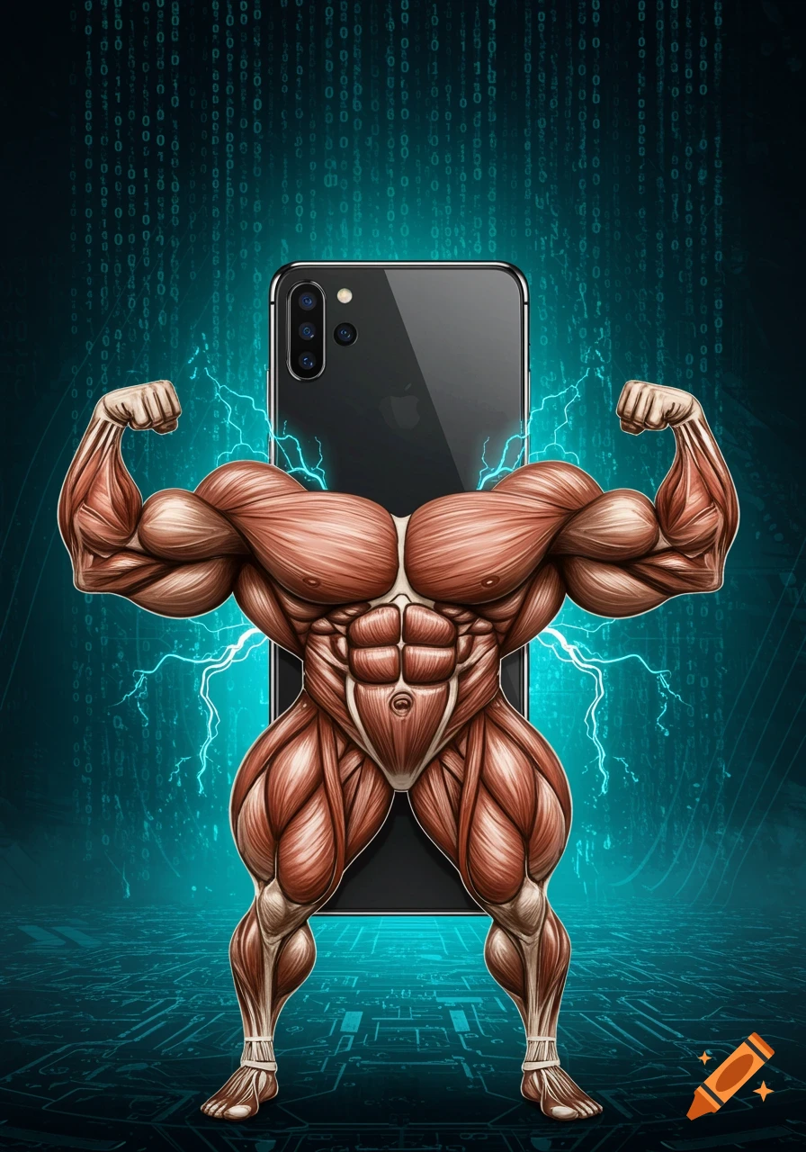 A muscular, anatomical bodybuilder's body with a black smartphone for a head, set against a digital background with binary code and lightning.