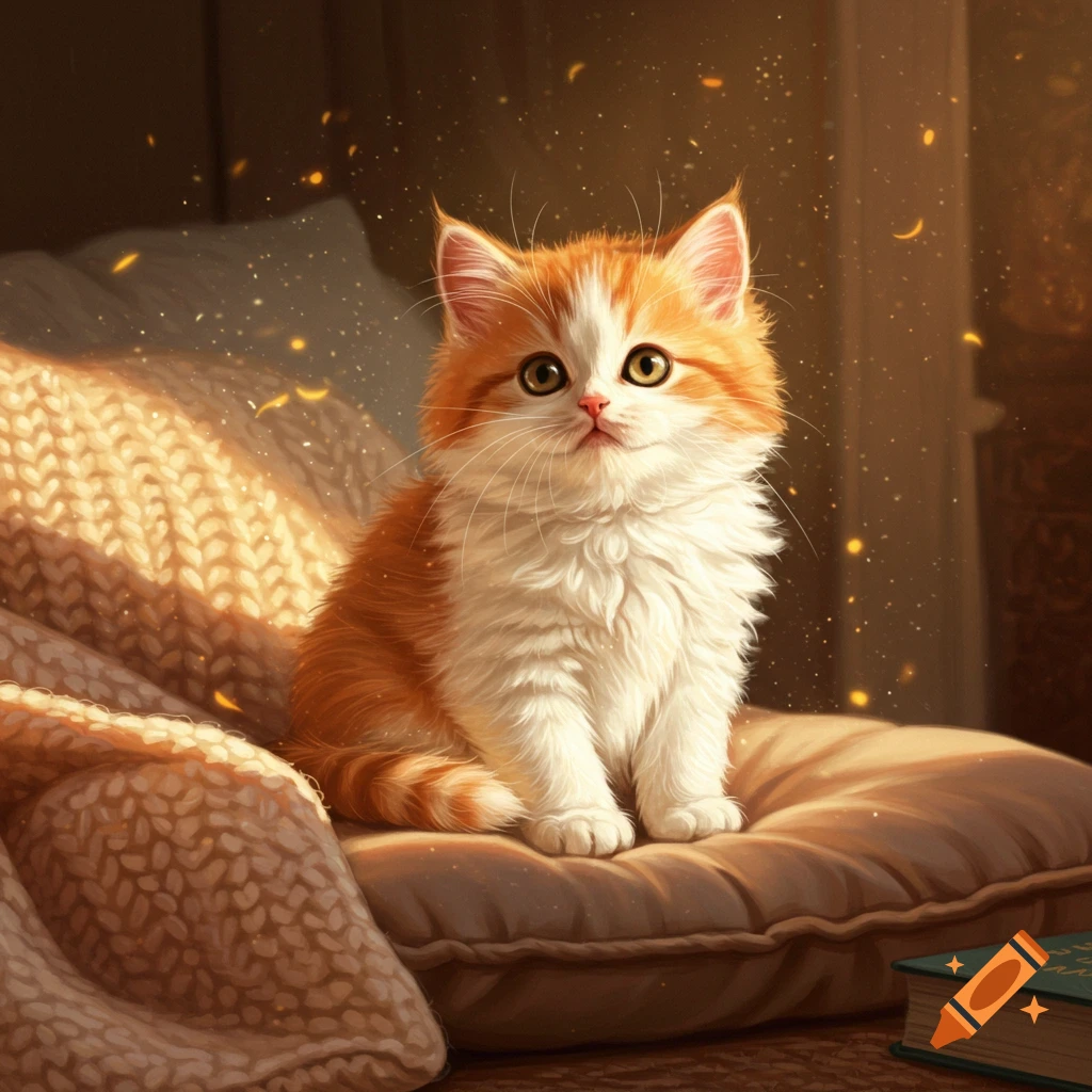 A fluffy orange and white kitten sits on a pillow next to a knit blanket, with warm, sparkling light around it.