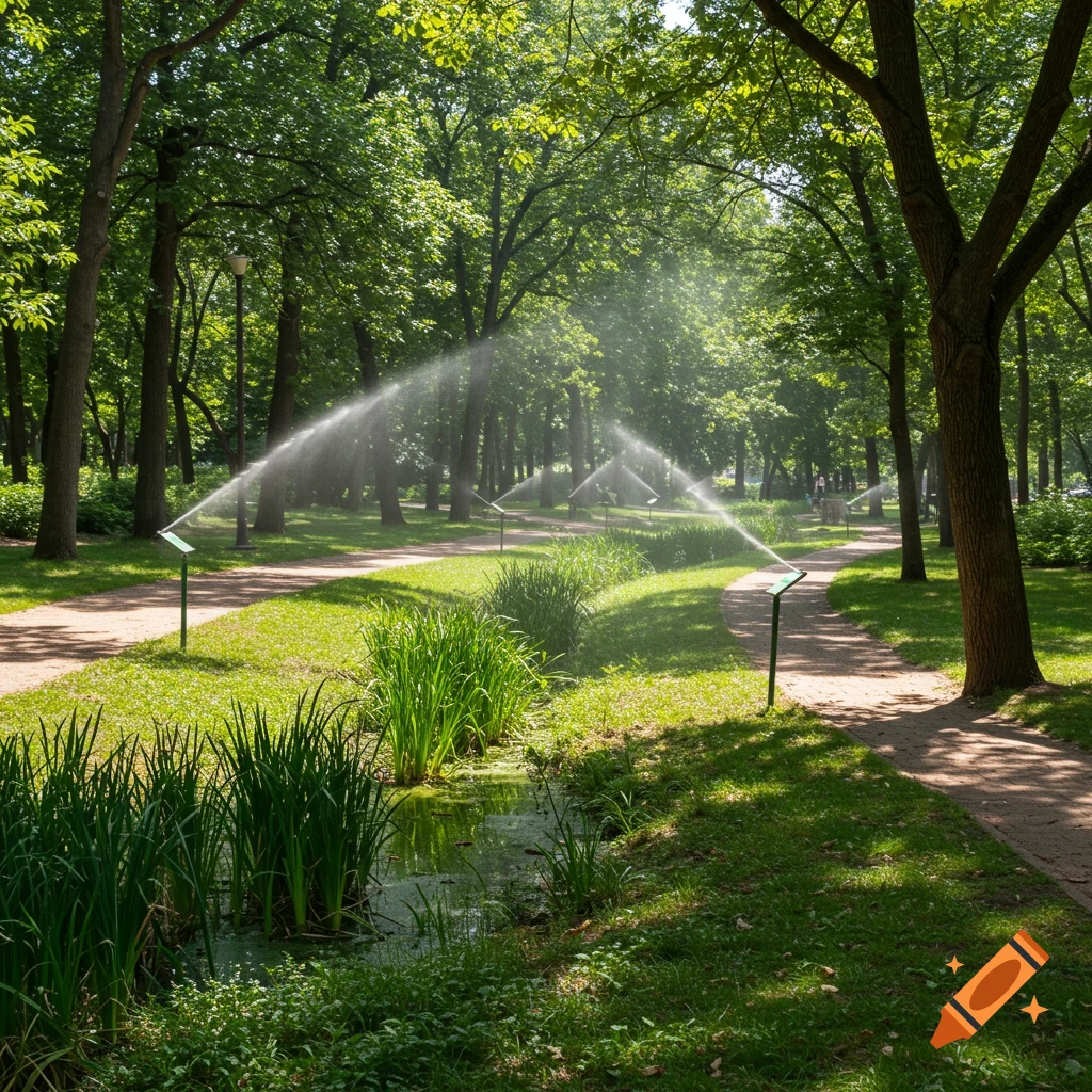 Sunlit park with walking paths, lush green grass, a small stream, and multiple sprinklers watering the landscape, surrounded by tall trees.