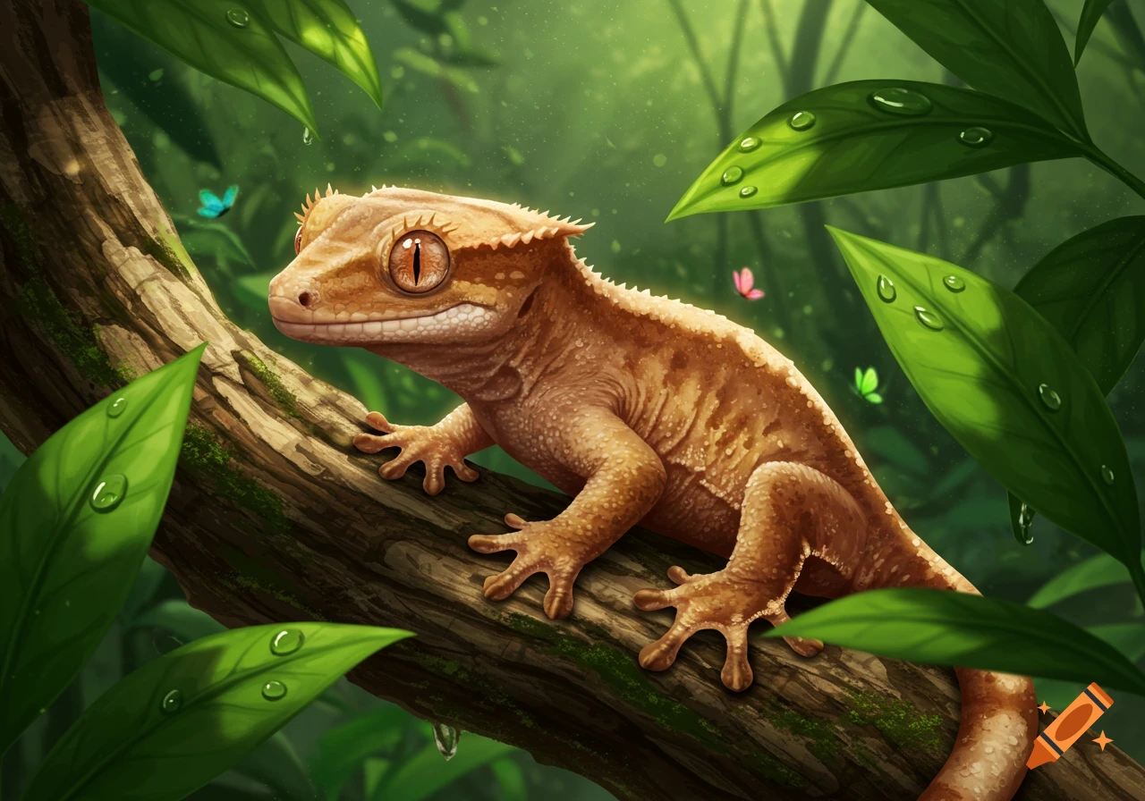 A detailed digital painting of a crested gecko with large orange eyes sitting on a mossy tree branch in a lush green jungle.