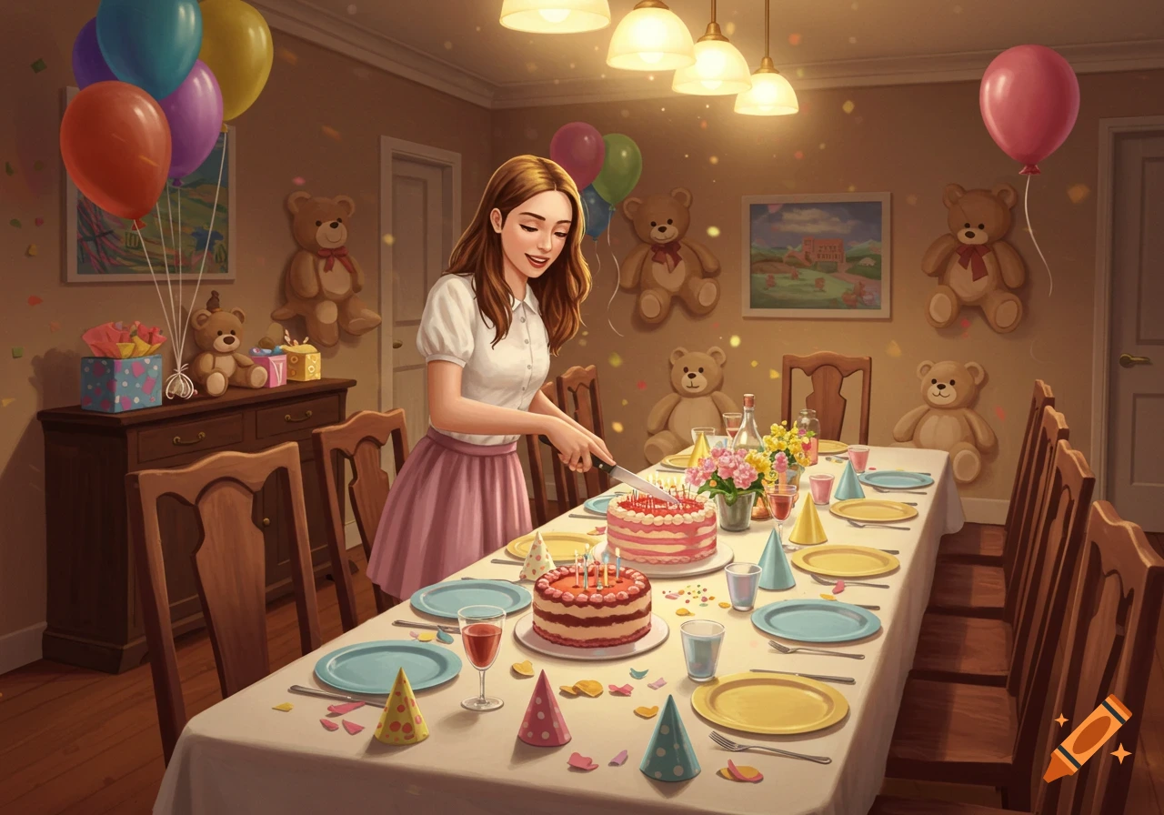 A woman smiles while cutting a two-tiered birthday cake on a long dining table, surrounded by party hats, drinks, and confetti. Balloons and teddy bear decorations adorn the walls.