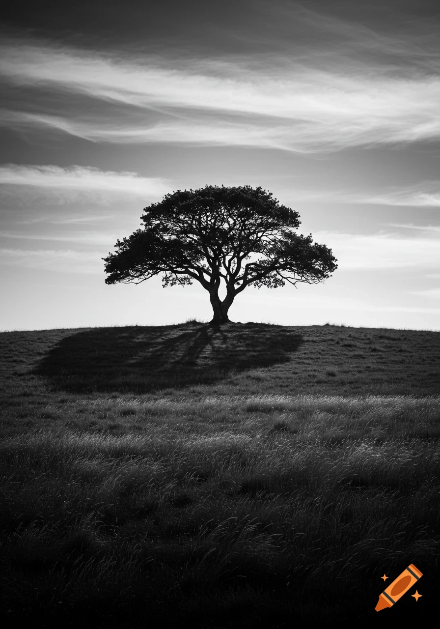Black and white photograph of a solitary tree silhouetted on a grassy hill against a cloudy sky.