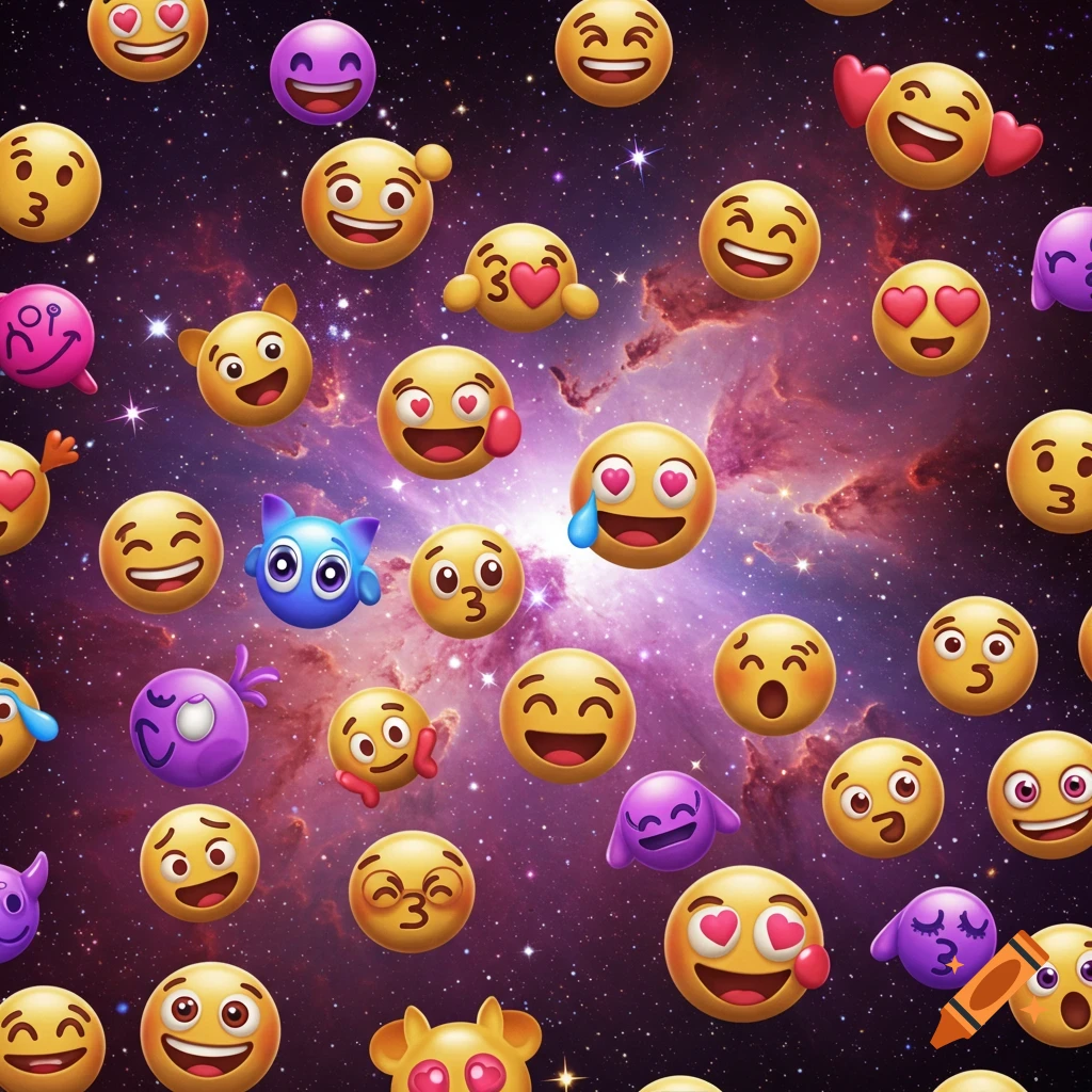 Various colorful emojis with different expressions float against a cosmic background filled with stars and nebulae.