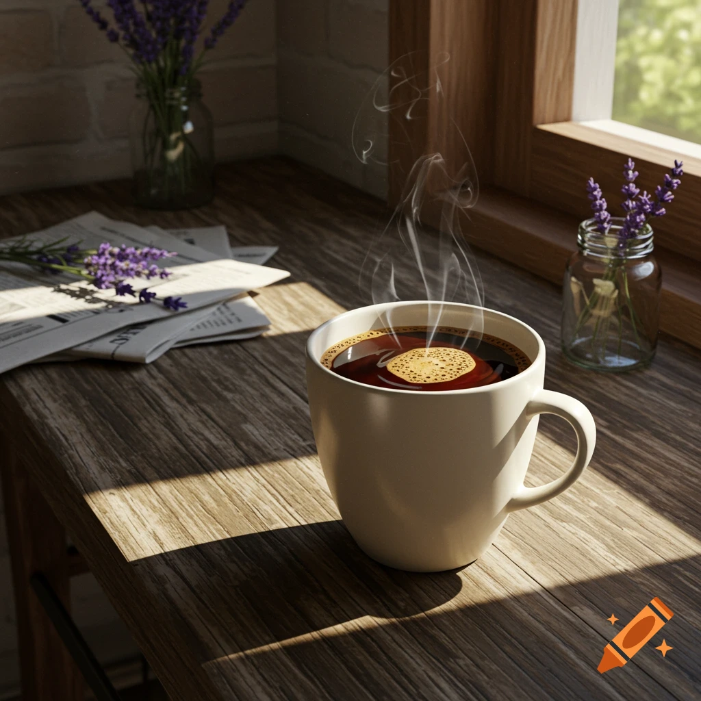 Steaming cup of coffee on a rustic wooden table by a sunny window, with newspapers and lavender flowers.