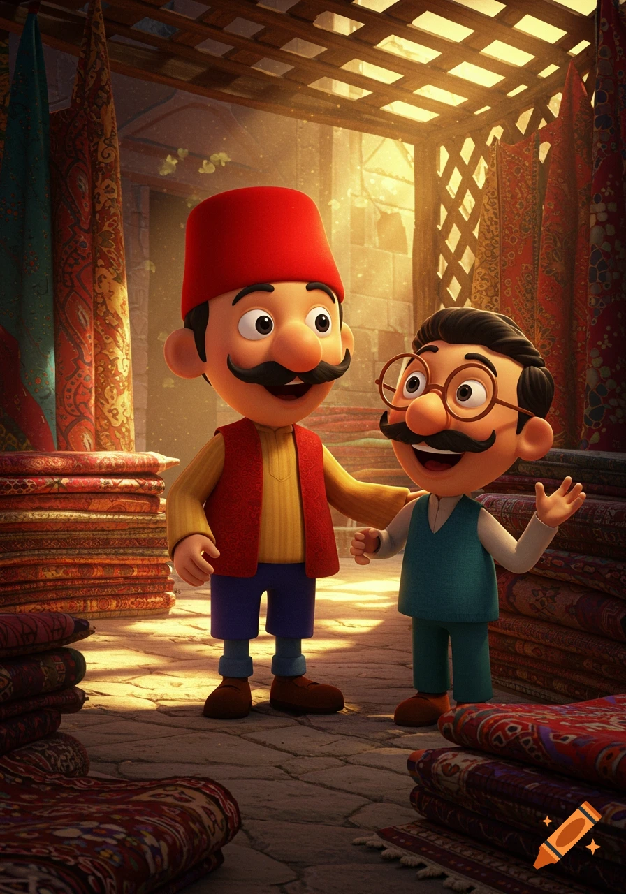 Two smiling cartoon male characters with mustaches in a vibrant, sunlit Middle Eastern market filled with stacked rugs and textiles. One wears a red fez.