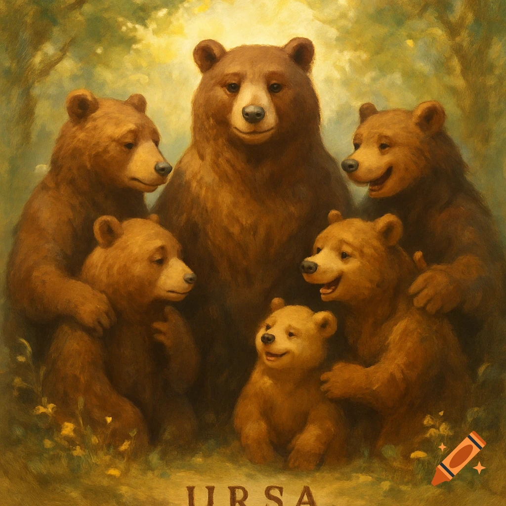 A painterly image of a family of brown bears in a sunlit forest, with the word 'URSA' at the bottom.