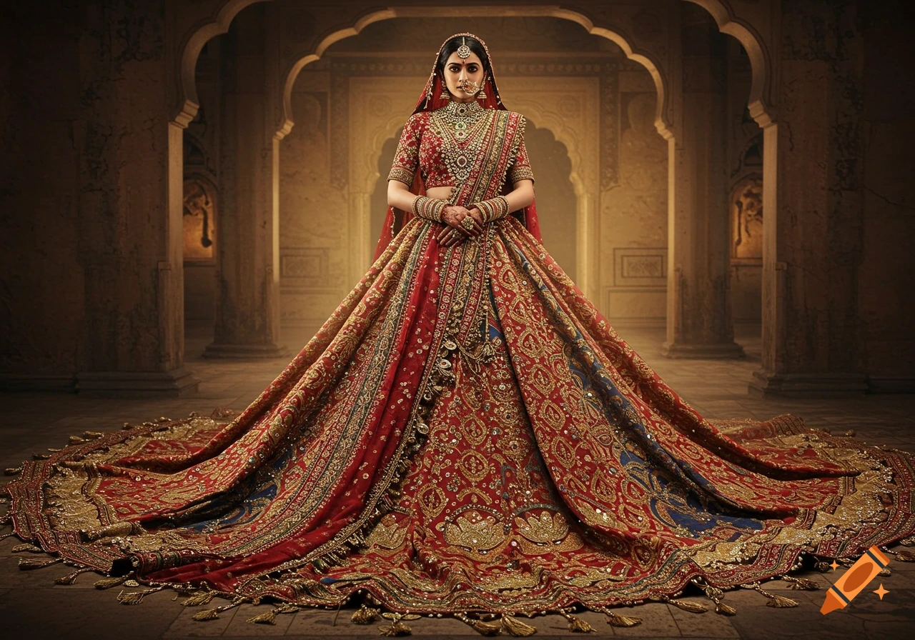 A woman in a magnificent red and gold Indian bridal lehenga, adorned with elaborate jewelry, stands in a grand palace hall. Photorealistic.
