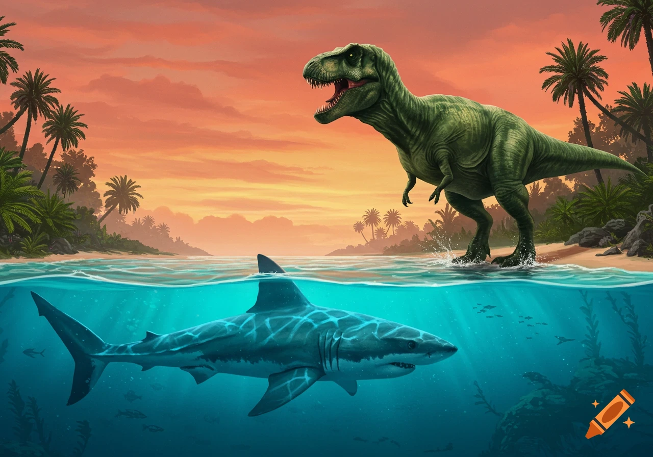 A large green T-Rex stands on a tropical beach at sunset while a shark swims beneath the clear water.