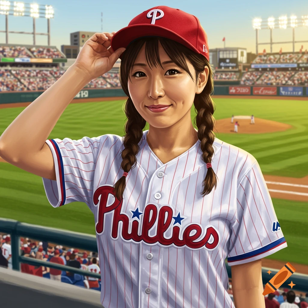 A young Japanese woman with braided pigtails wears a Philadelphia Phillies jersey and cap, smiling at a baseball stadium.
