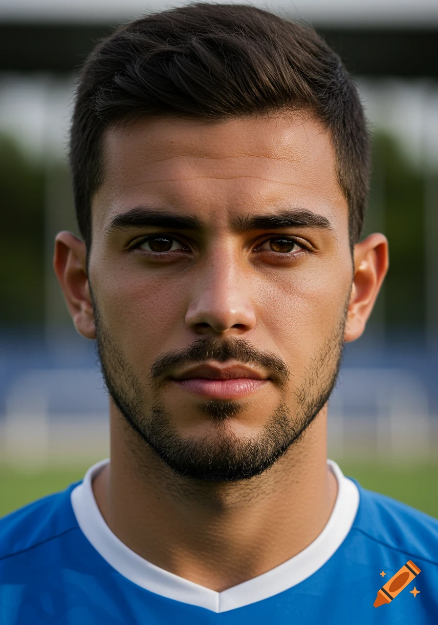 Close-up photorealistic portrait of a young male footballer with dark hair and a stubble beard, wearing a blue jersey, looking directly at the camera.