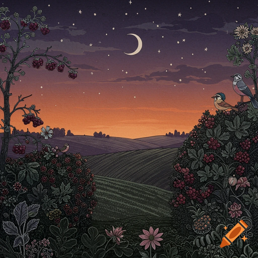 Stylized illustration of a night landscape with berry bushes, trees, and birds under a crescent moon and stars at sunset.