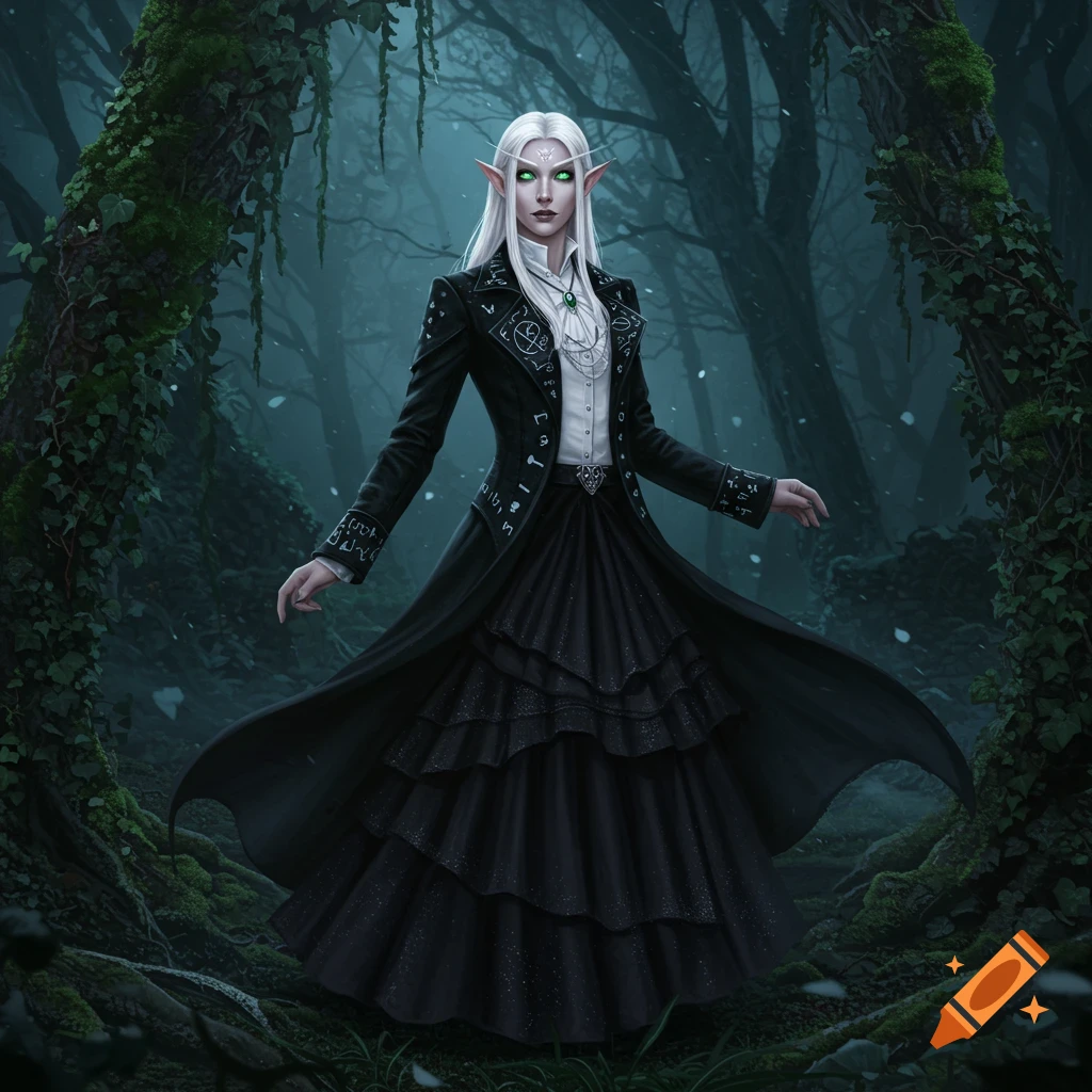 A white-haired elf with glowing green eyes and pale skin wears a long, dark, gabled coat and layered skirt in a mystical forest.