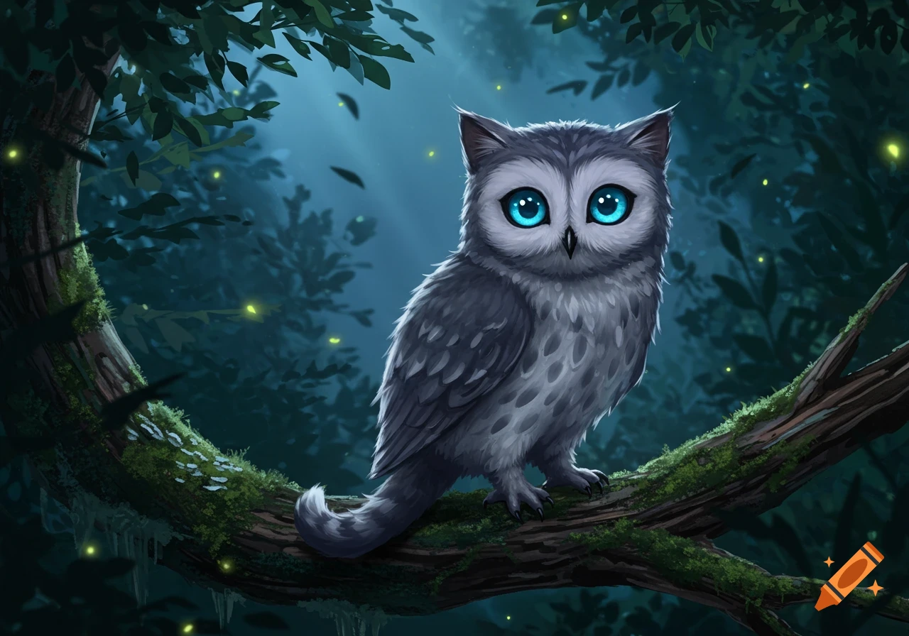 A cute, grey, cartoonish owl with big blue eyes sits on a mossy tree branch in a dark, enchanted forest with glowing lights. Digital art.