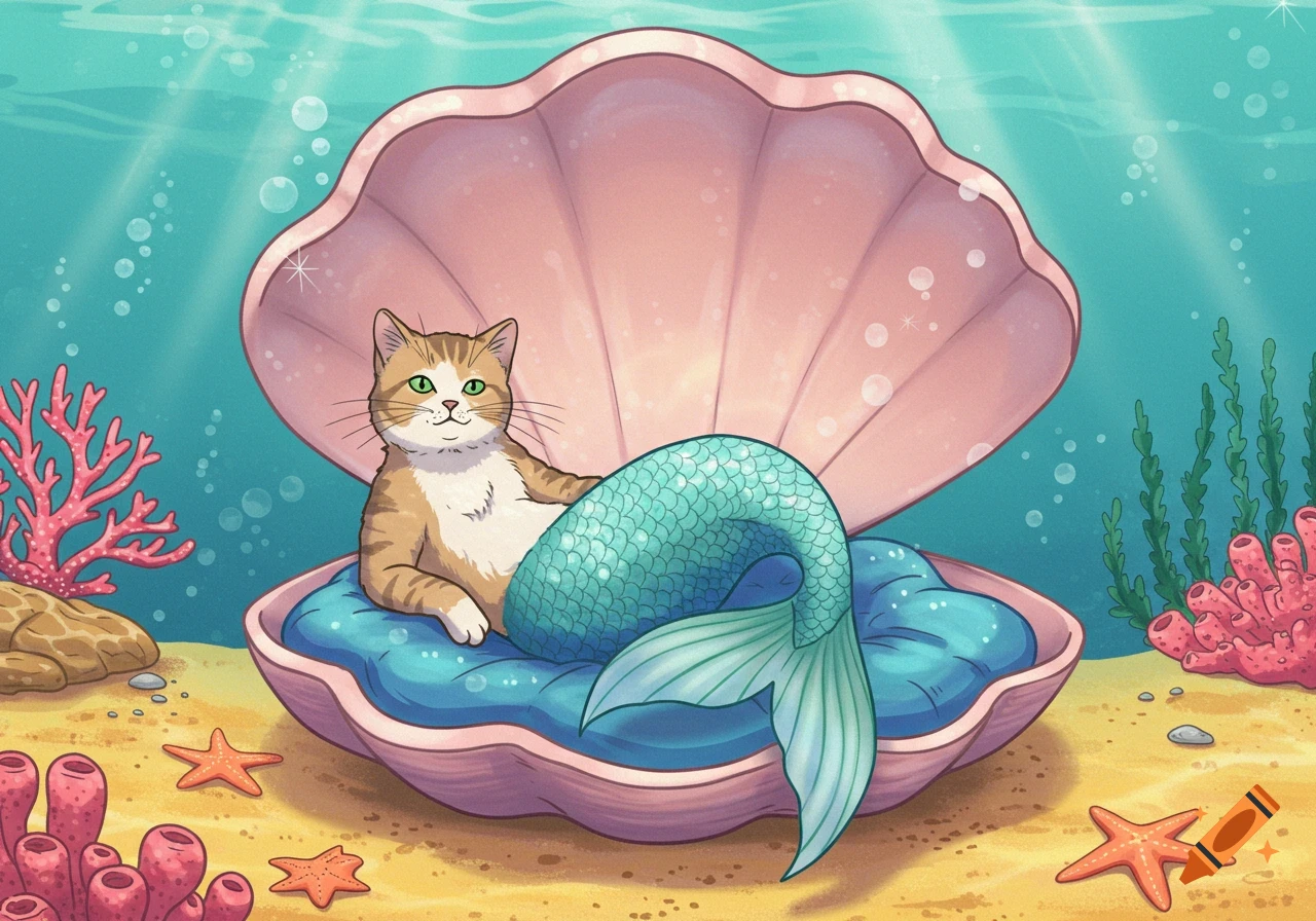 A cartoon cat with a mermaid tail relaxes in a giant pink seashell bed on the ocean floor, surrounded by coral and starfish.
