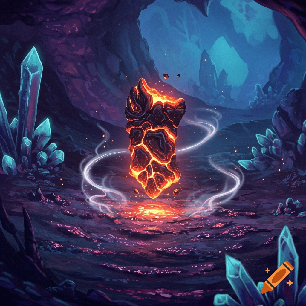 A glowing, lava-like rock hovers in a dark, crystal-filled fantasy cave with vibrant purple and blue hues.