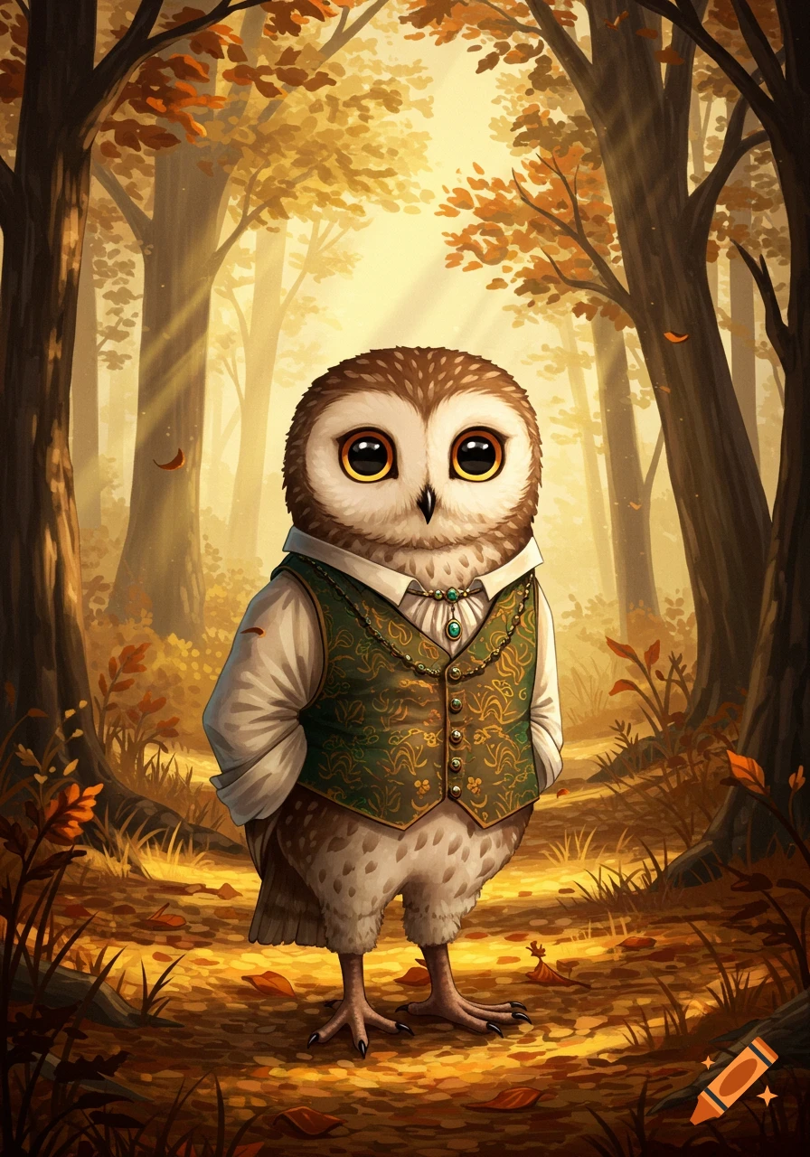 A cute anthropomorphic owl in a green waistcoat and white shirt stands in an autumnal forest with golden light.