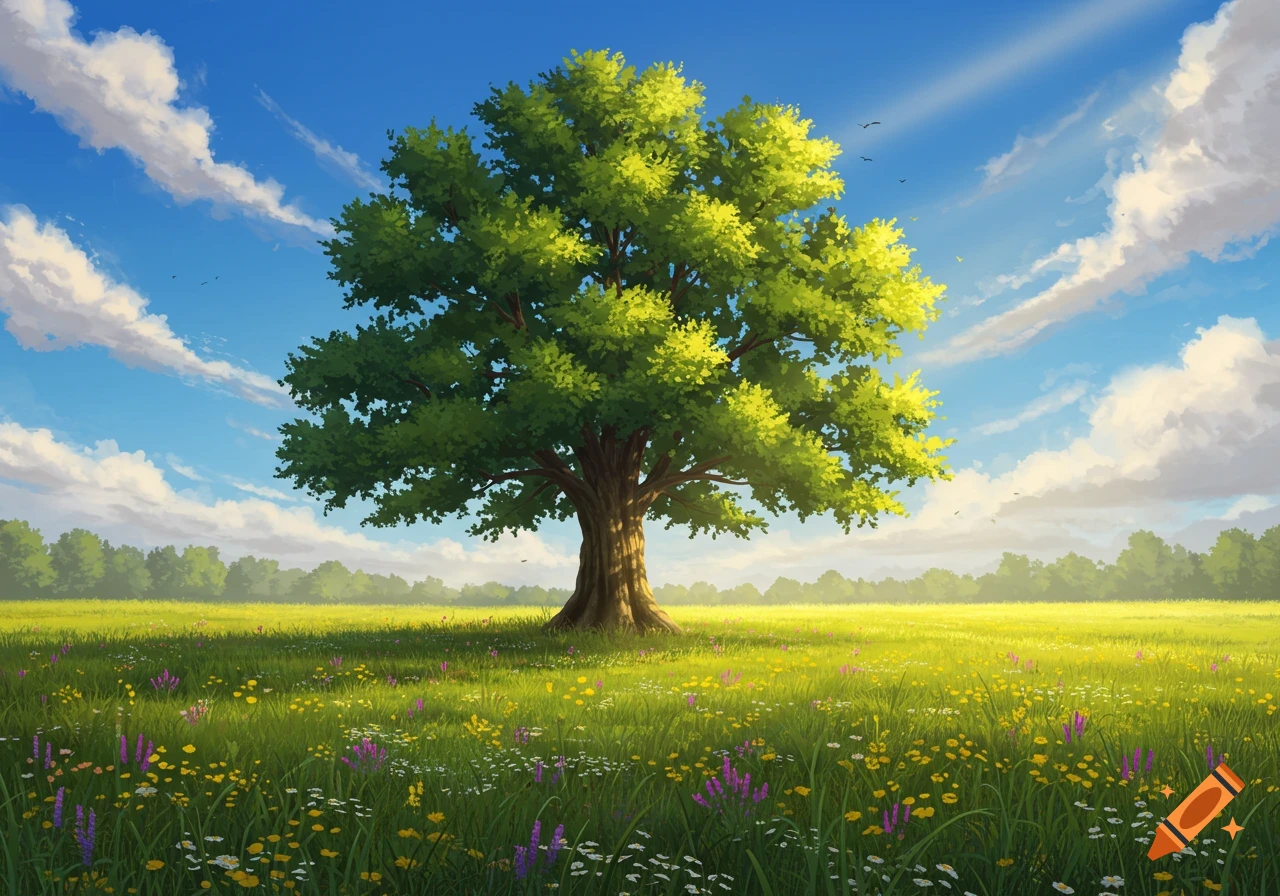 A vibrant green tree stands prominently in the middle of a colorful wildflower meadow under a bright blue sky with wispy clouds.