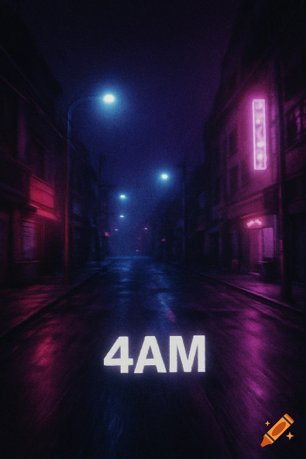 Dark, rainy urban street at 4AM with blue and pink neon lights reflecting on wet pavement. White text '4AM' in foreground.