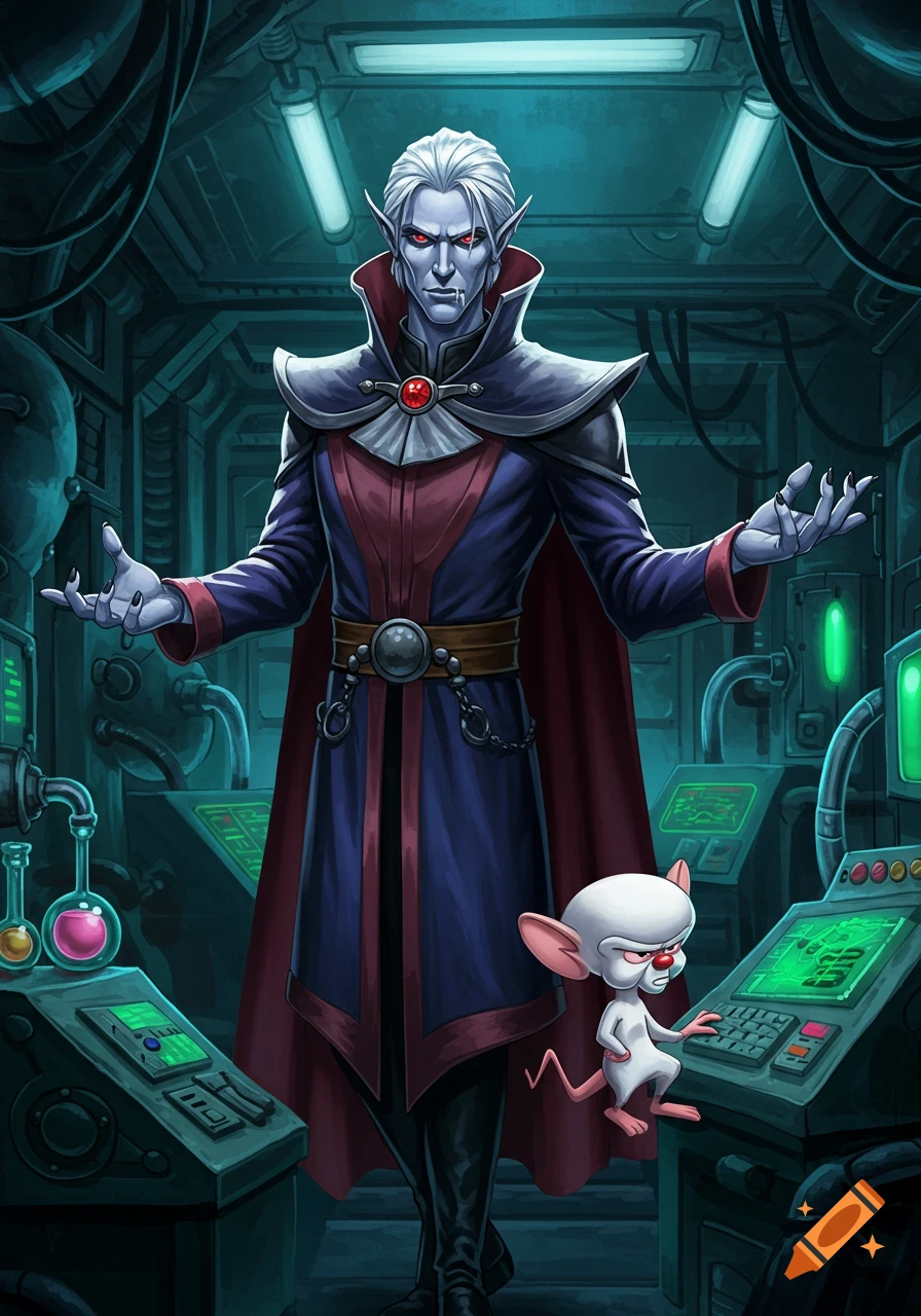 An illustration of a vampire with white hair and red eyes in a dark lab, with the cartoon mouse Brain at a control panel.