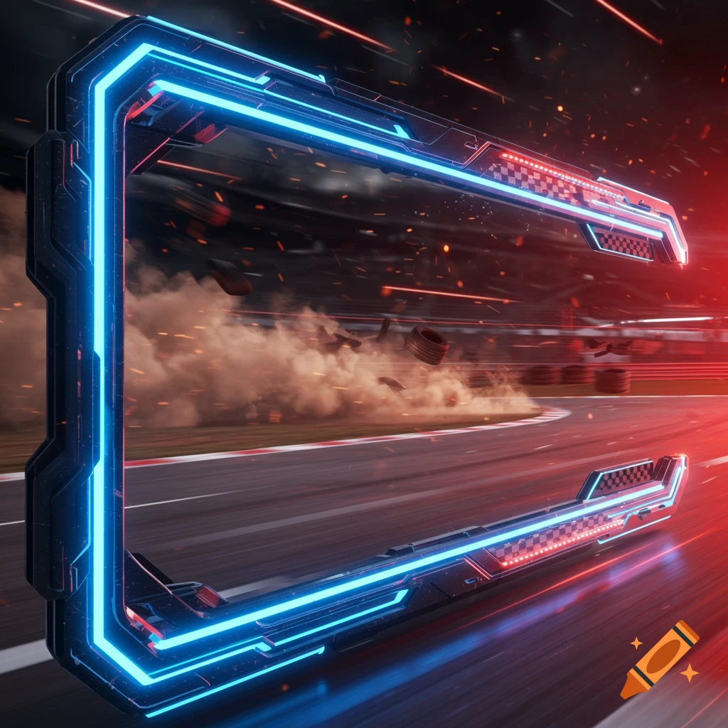 Futuristic neon-blue and red glowing frame over a high-speed race track with smoke and debris.
