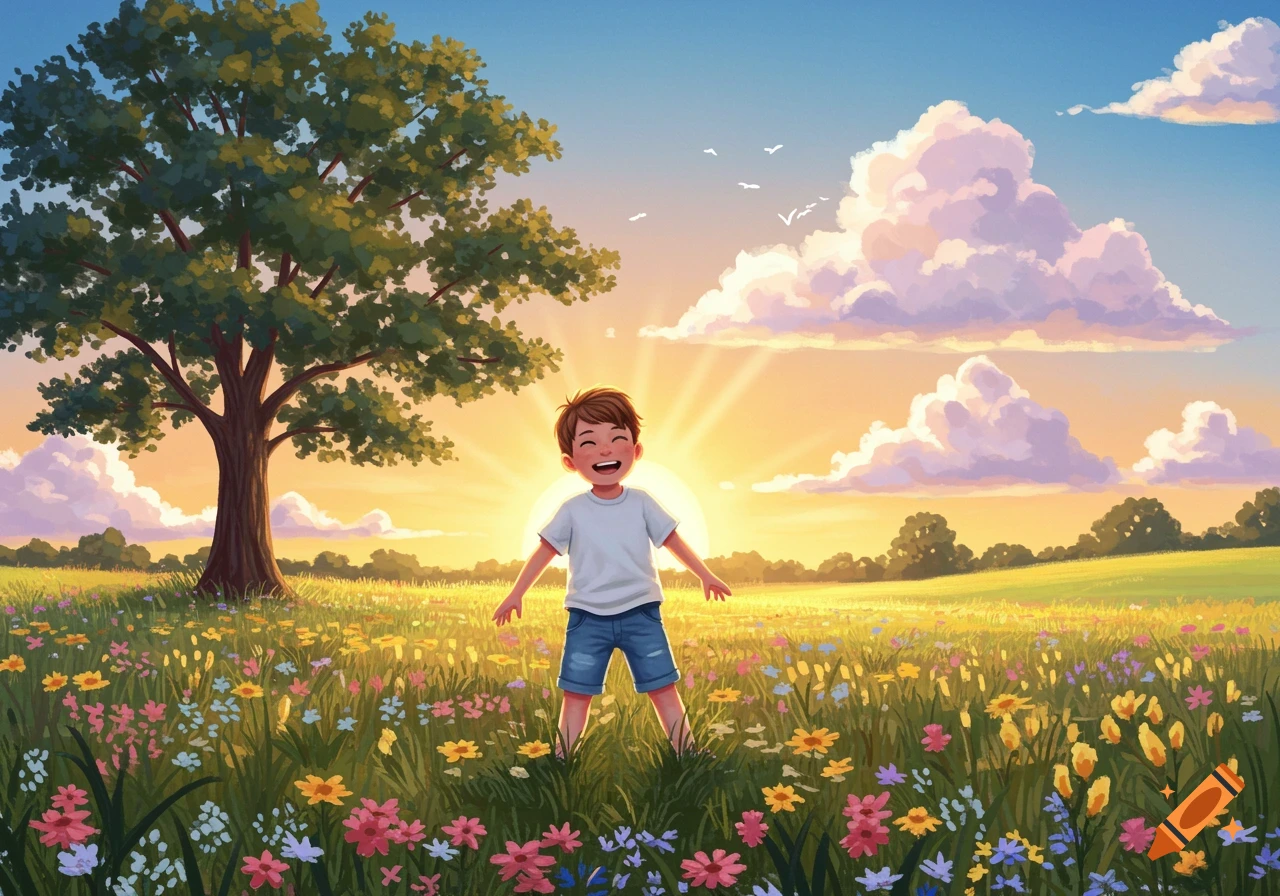 Happy cartoon boy standing in a vibrant wildflower field with a large tree under a sunny sky.