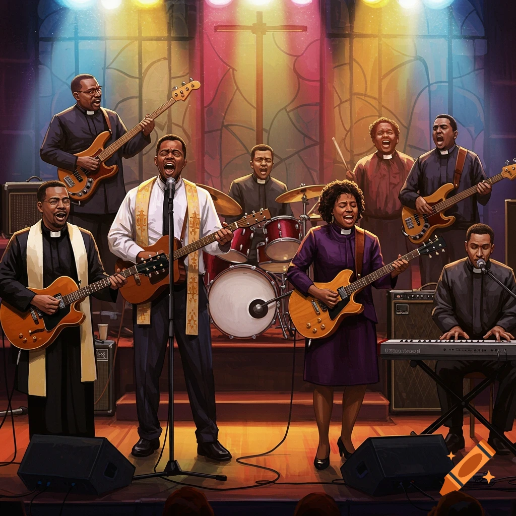 An illustration of a band of male and female pastors in clergy collars performing gospel music on stage with guitars, bass, drums, and keyboard.