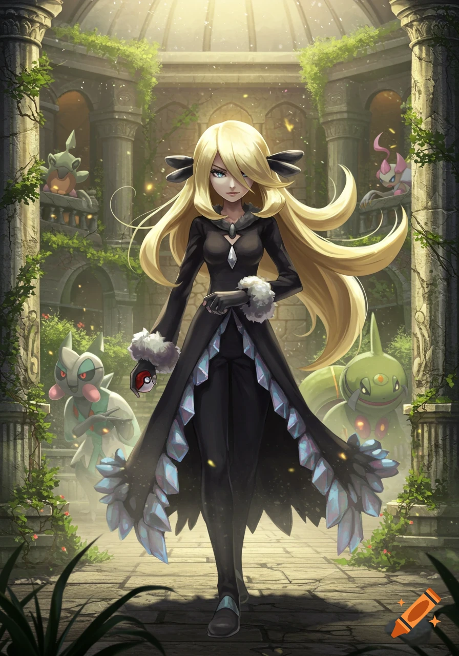 Anime illustration of Cynthia from Pokemon, walking determinedly in overgrown ancient ruins with Pokemon in the background.