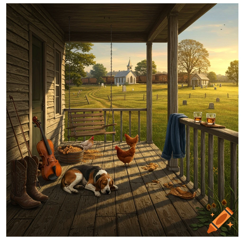 Photorealistic painting of a sleeping hound dog and chickens on a rustic farmhouse porch at sunset, overlooking a church, graveyard, and train.