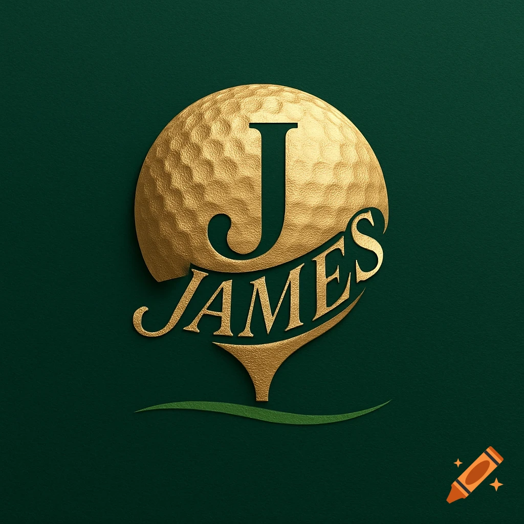 Gold 'J' and 'JAMES' logo on a golf ball tee, on a dark green background, for a luxury brand.