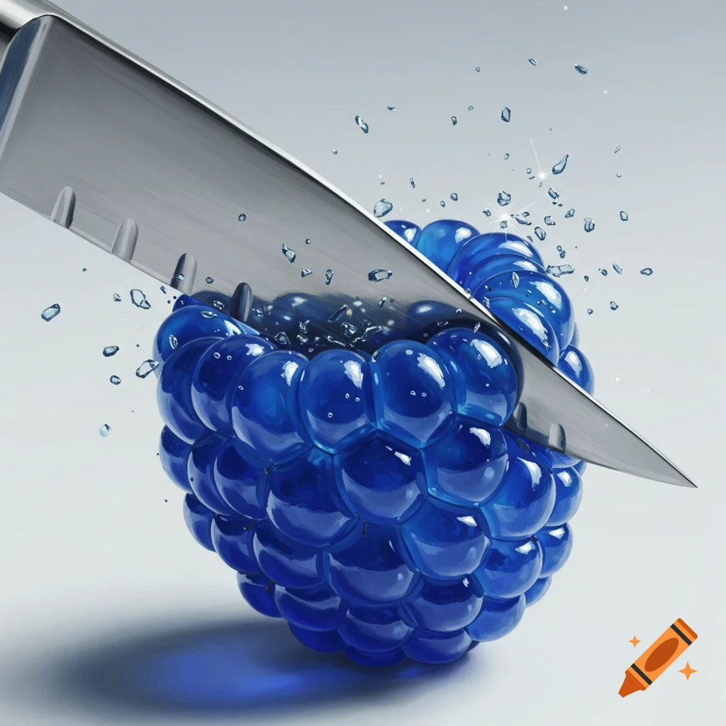 Photorealistic image of a shiny knife slicing into a vibrant blue glass raspberry, with water droplets splashing.