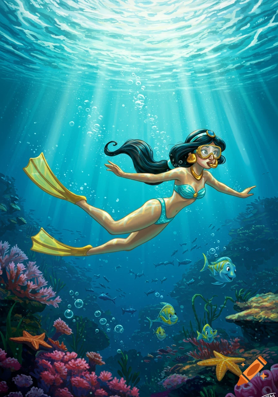 Cartoon illustration of Princess Jasmine snorkeling underwater in a bikini, goggles, and flippers, surrounded by colorful coral and fish.
