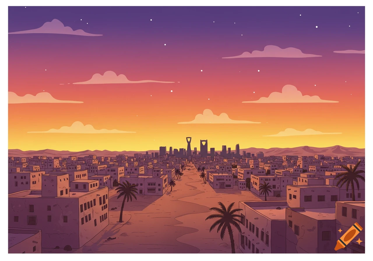 A cartoon Riyadh cityscape at sunset, featuring desert buildings, palm trees, and distant skyscrapers under an orange and purple sky.