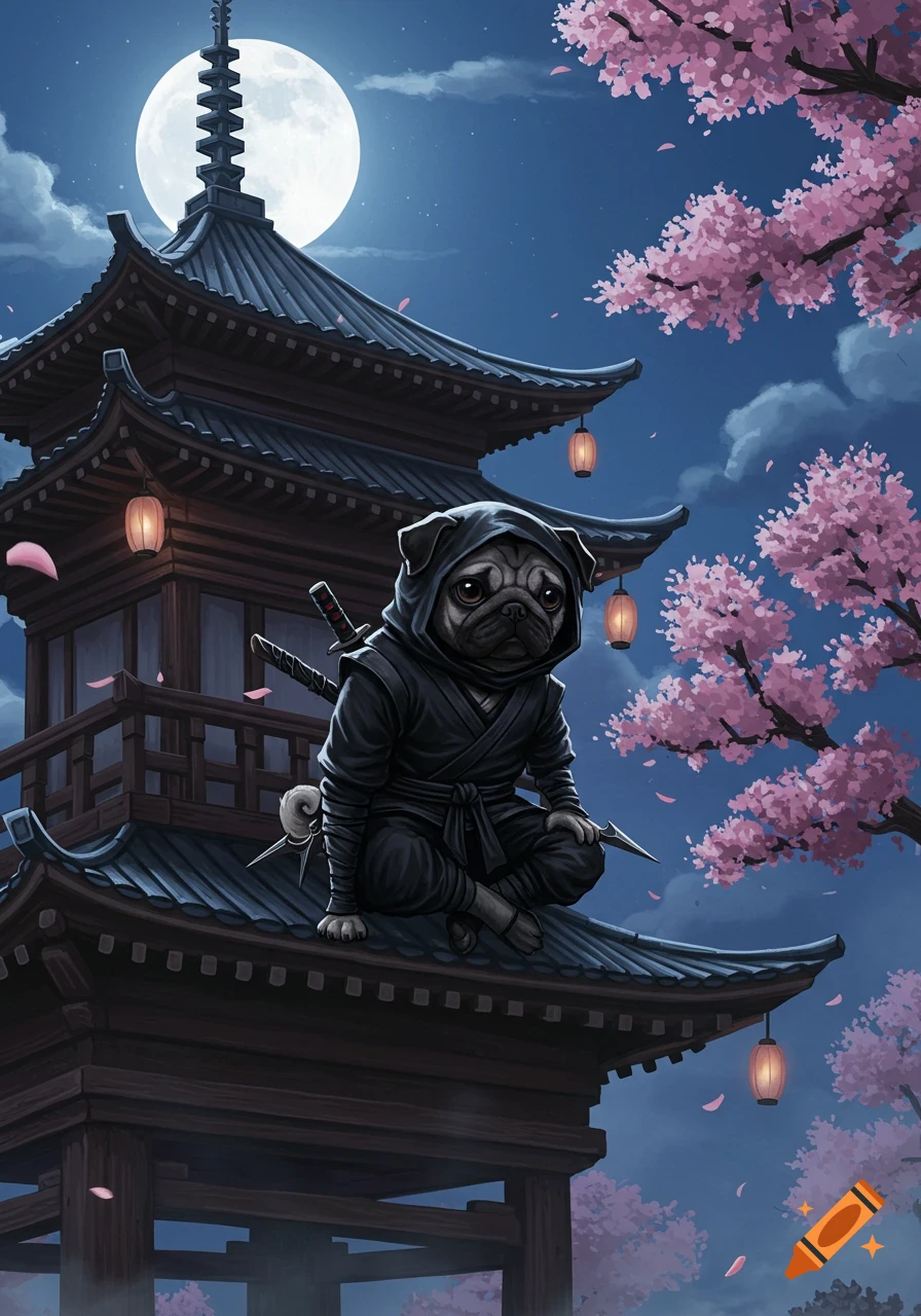 Cute pug dressed as a ninja sitting on a pagoda roof at night, surrounded by cherry blossoms and a full moon.