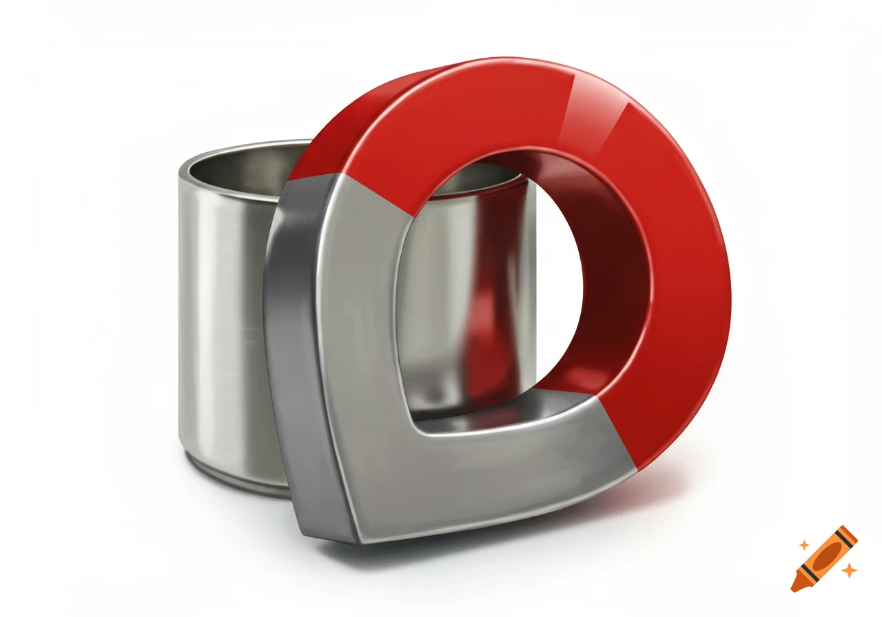 Red and silver U-shaped magnet next to a silver cylindrical container on a white background, digital painting style.