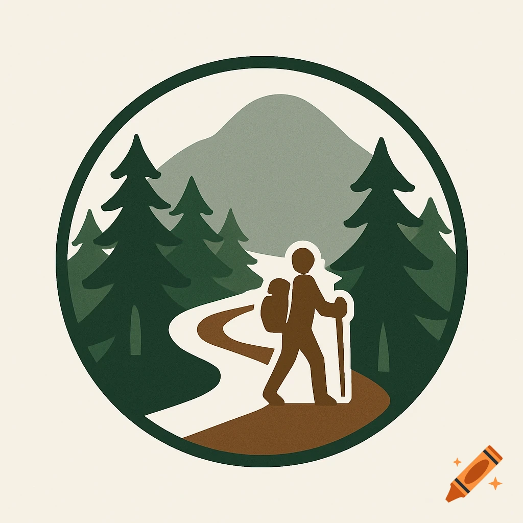 Stylized vector logo of a hiker on a winding path through a forest towards a mountain.