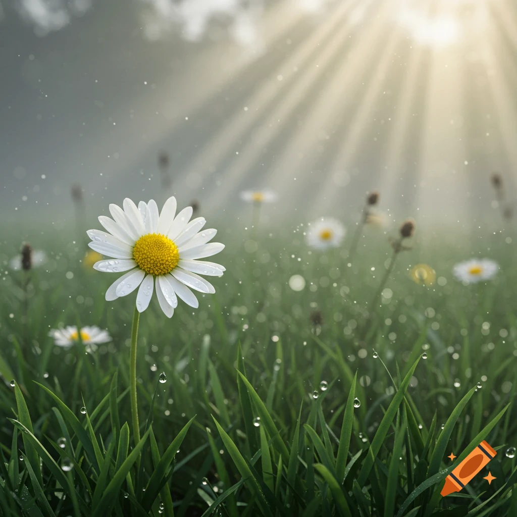 Close-up of a white daisy with dew drops in a green field, illuminated by sun rays.
