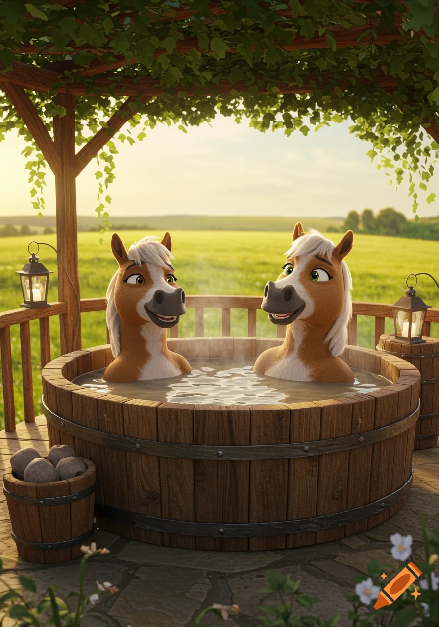 Two smiling cartoon horses relax in a steaming wooden hot tub under a leafy pergola at sunset, overlooking a green field. 3D animation.