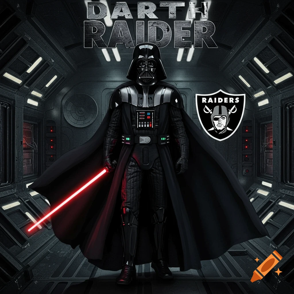 Darth Vader holds a red lightsaber in a spaceship corridor, with 'DARTH RAIDER' text and the Raiders NFL logo.